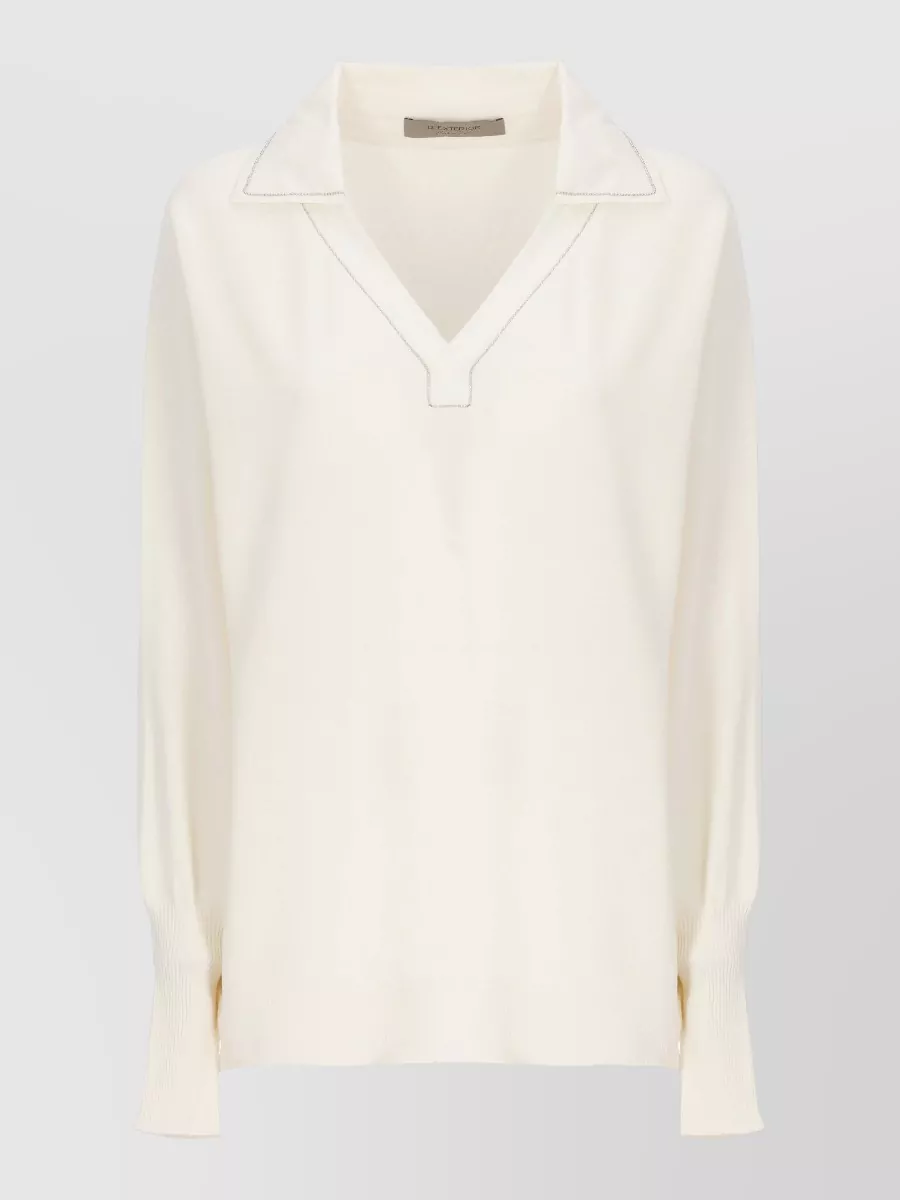 D.exterior ribbed long-sleeve polo top