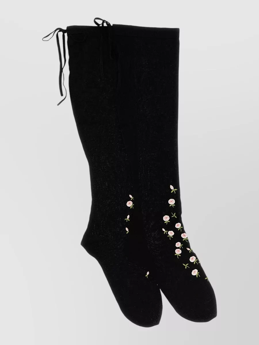 Prada Fine-Knit Floral-Embroidered Over-The-Knee Socks