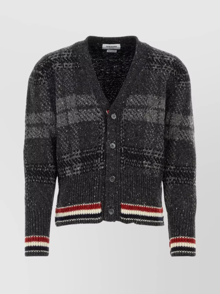 Shop Thom Browne Embellished Wool Blend Cardigan With Ribbed Trimmings In Grey