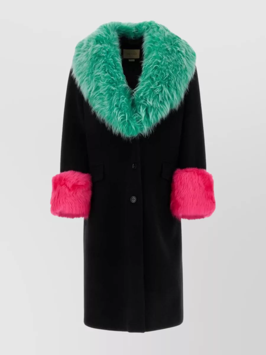 Shop Gucci Wool Blend Coat With Fur Collar And Cuffs In Black