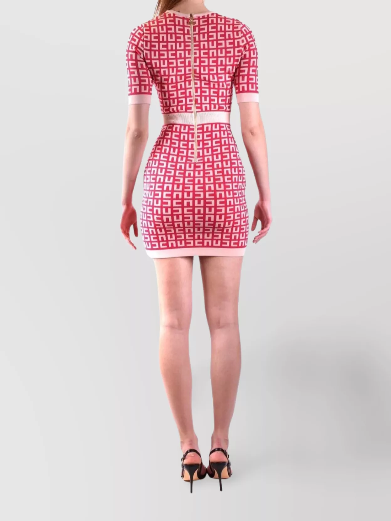 Elisabetta Franchi Crew Neck Fitted Silhouette Geometric Pattern Dress In Red