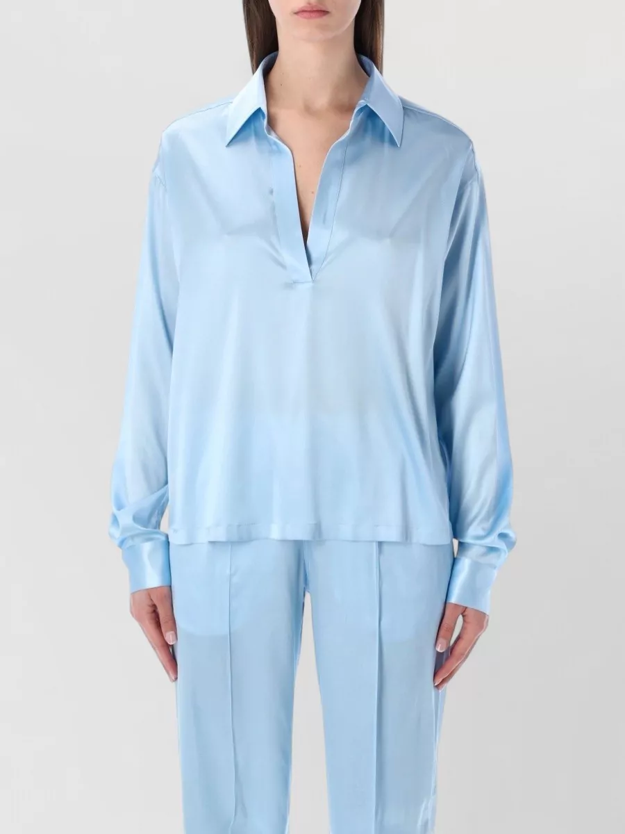 Tom Ford Silk Satin Polo Shirt Long Sleeves In Blue