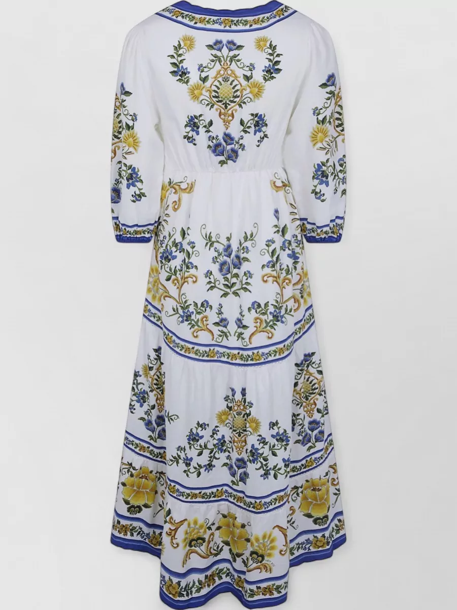 Farm Rio Floral Print V-Neck Drawstring Tiered Midi Dress