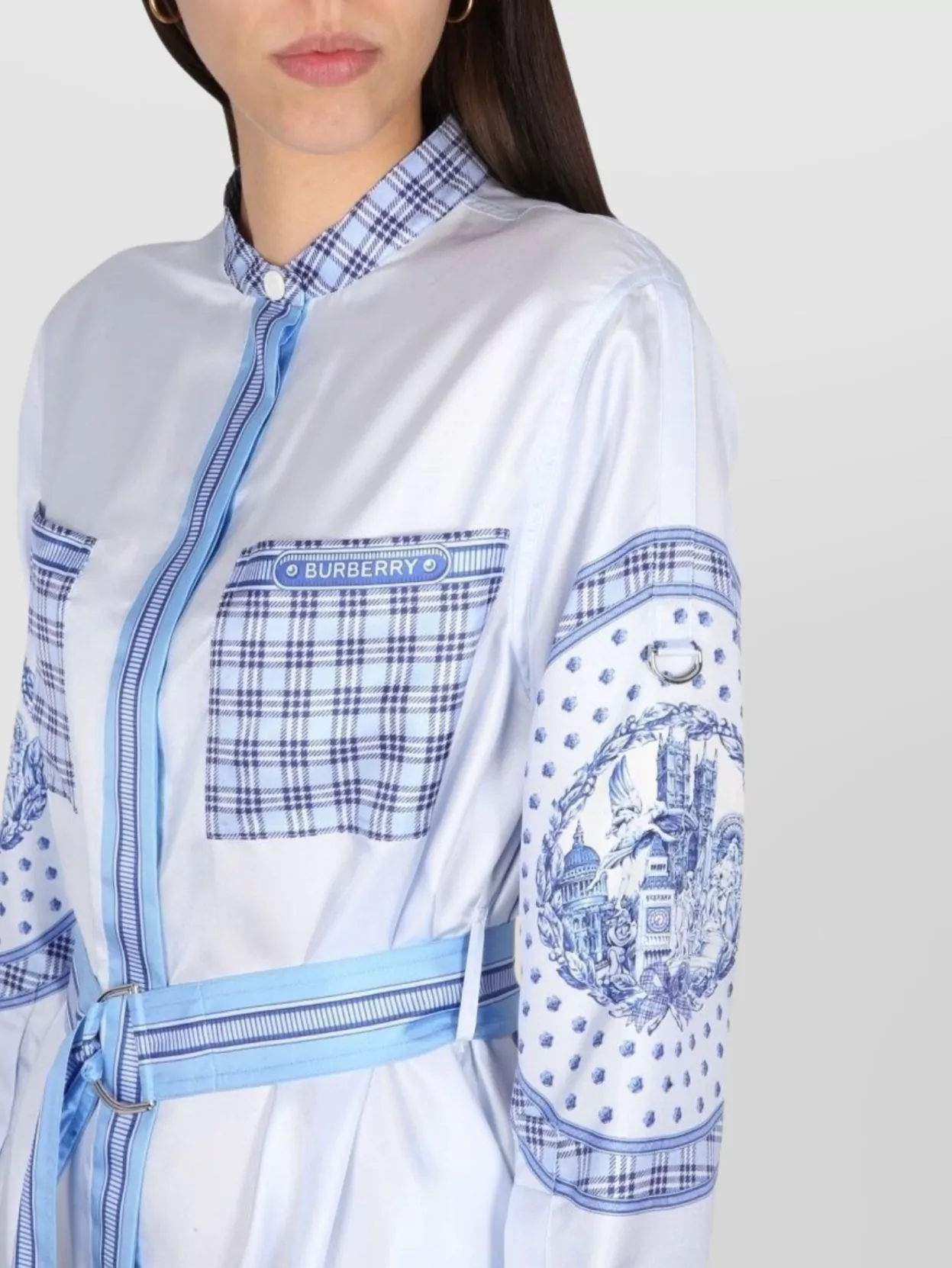 Burberry Checkered Silk Chemisier Dress With Belted Waist And Long Sleeves