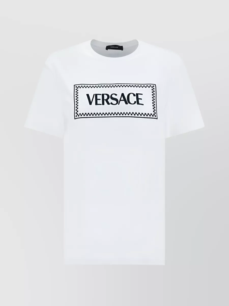 Shop Versace Embroidered Logo Crew Neck Cotton T-shirt In White