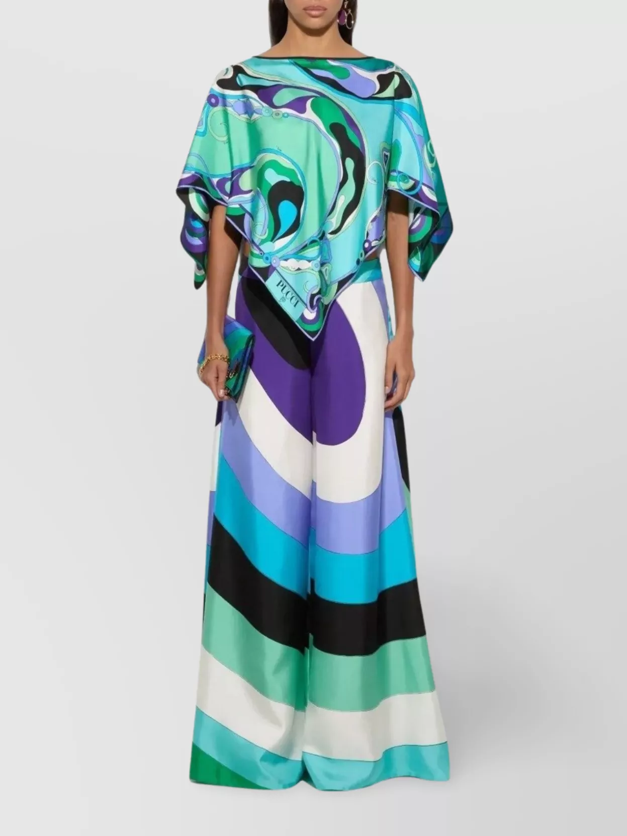 PUCCI DRAPED ASYMMETRIC HEM BLOUSE WITH COLORFUL PRINT