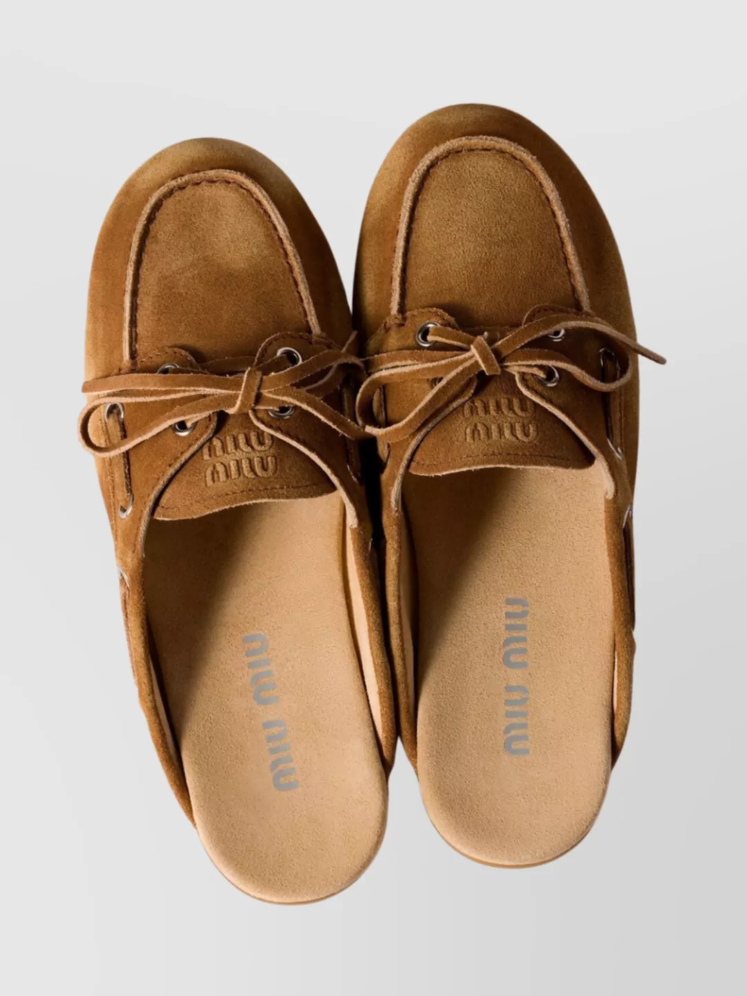 Miu Miu Faded Suede Lace Detail Round Toe Mules In Neutral