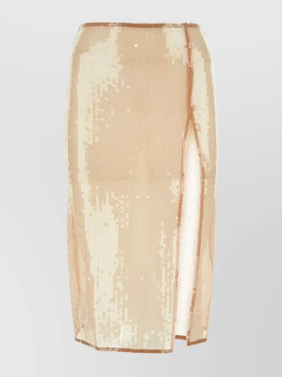 Shop Nensi Dojaka Front Slit Elastic Waist High-waisted Skirt With Sequins In Cream