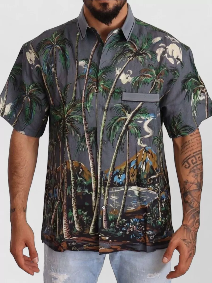 Dolce&Gabbana Linen Silk Tropical Print Short-Sleeve Shirt