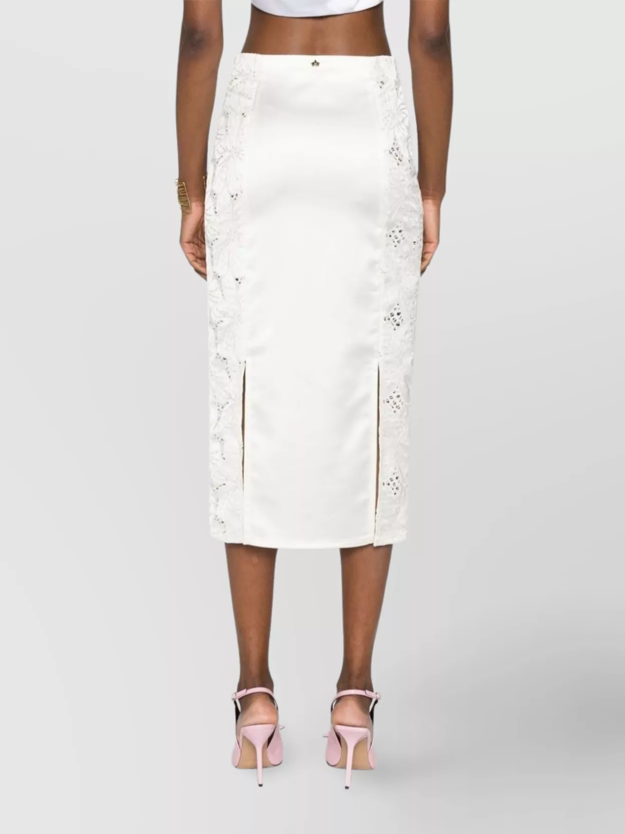 Genny Lace Detail High Waist Silk Skirt In White