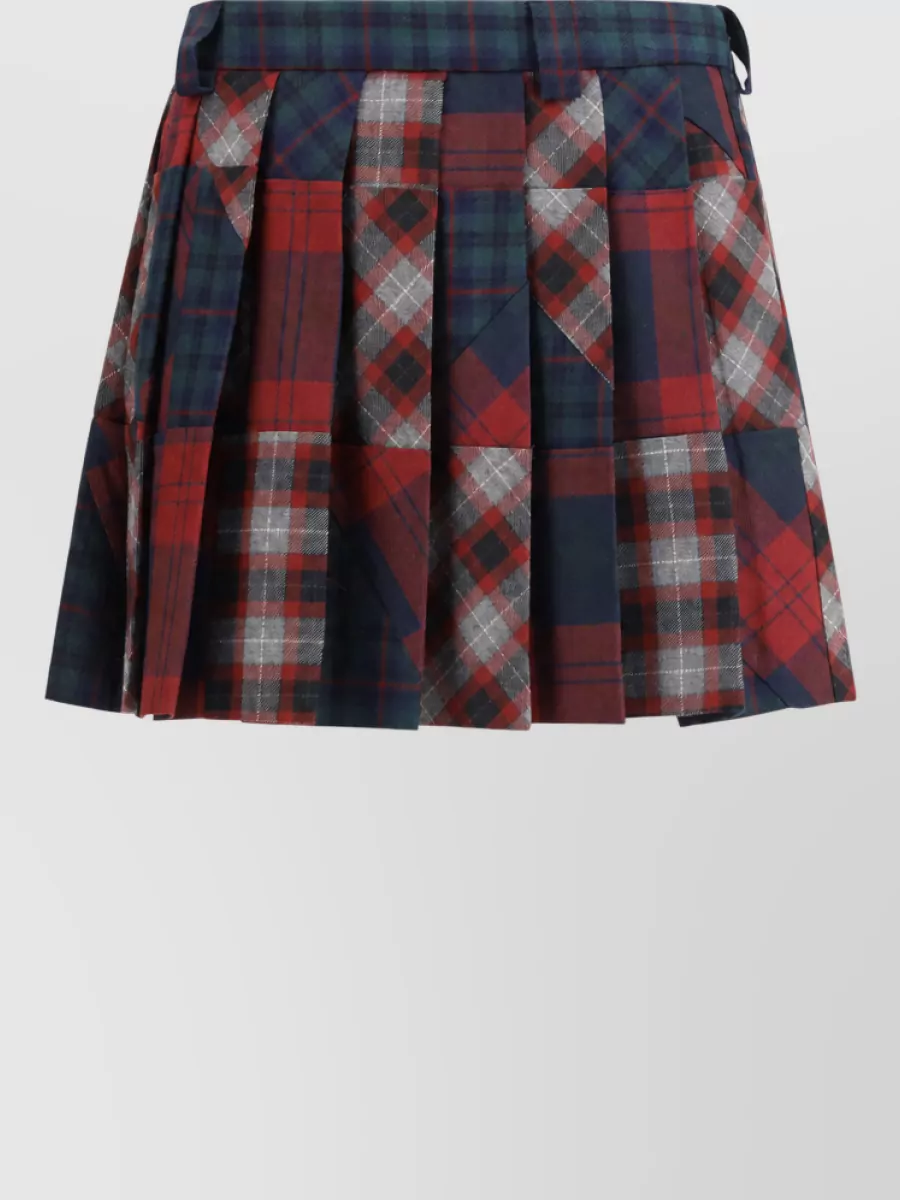 Miu Miu Wool Pleated Patchwork Tartan Mini Skirt