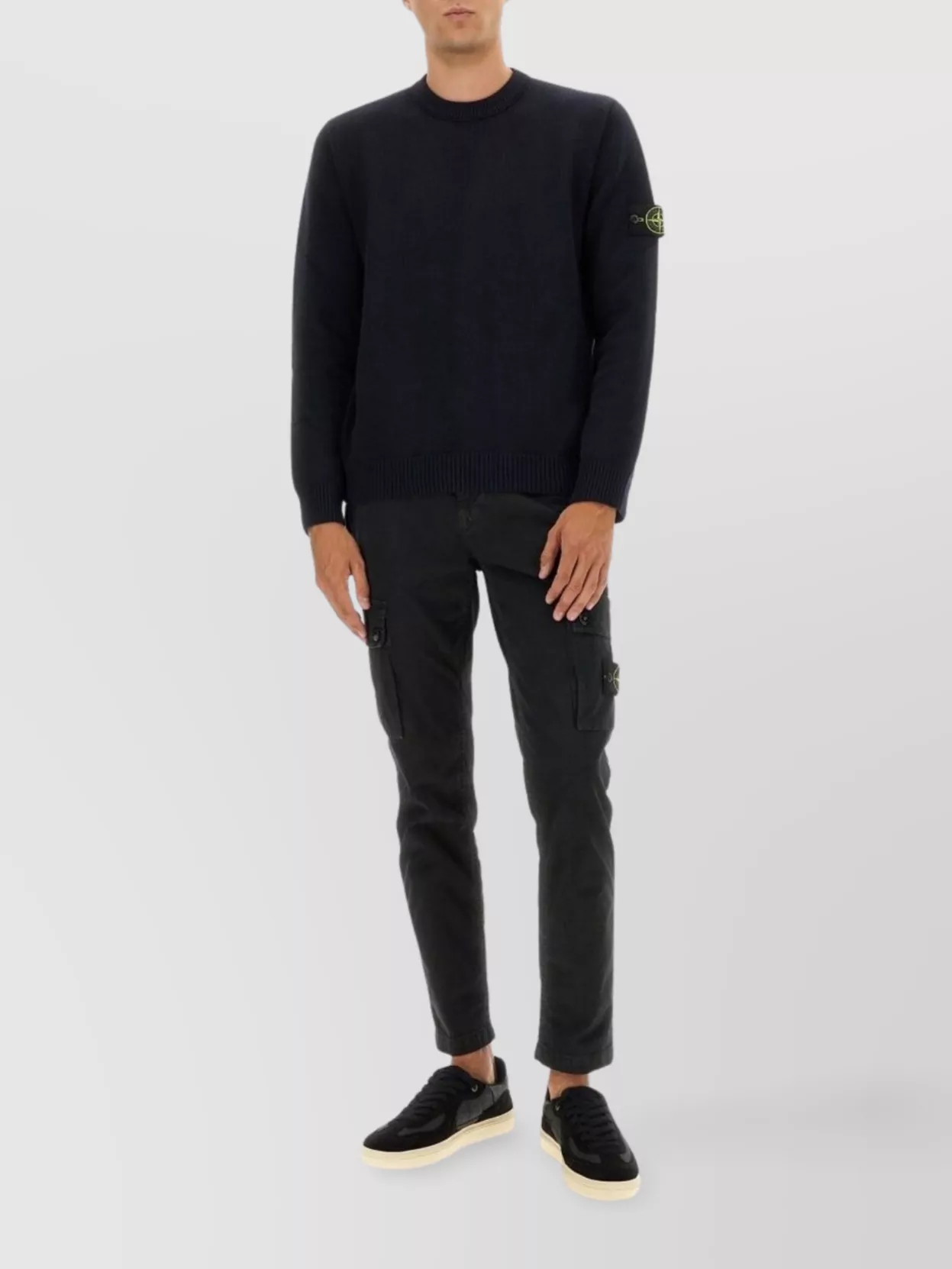 Stone Island Ribbed Hem Long Sleeve Crew Neck Sweater In Black