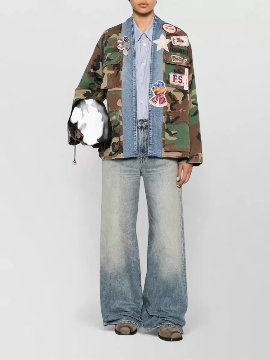 Front Street Cotton Printed Patch Embellished Single Breasted Coat