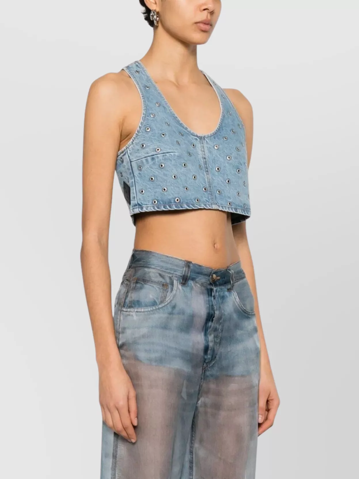 Haikure Cropped Eyelet Sleeveless Top Wide Neckline
