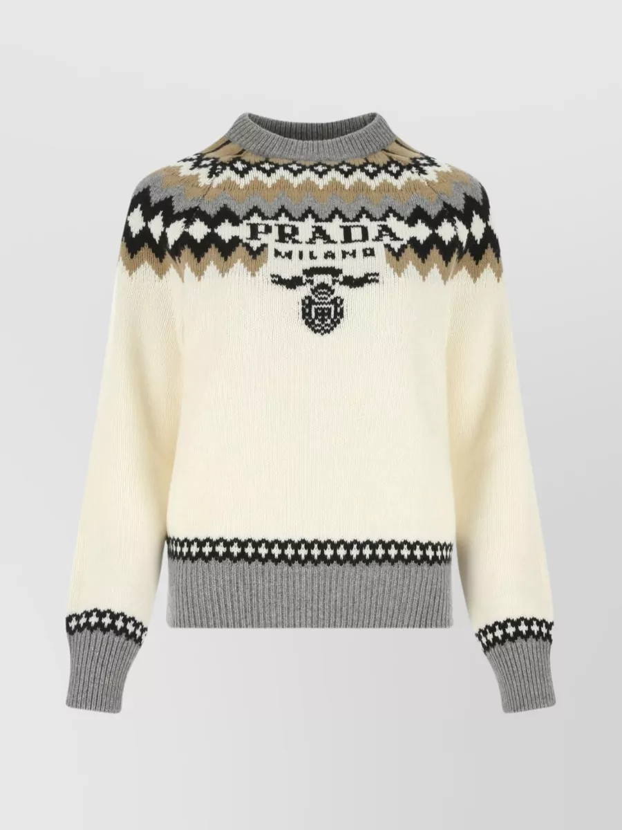 Shop Prada Intricately Embroidered Cashmere Crew-neck Sweater In Cream