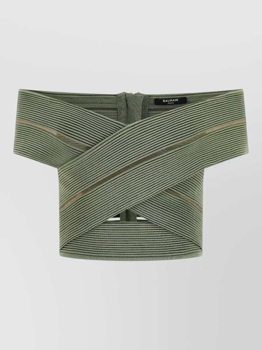Balmain Off-the-shoulder mesh-insert cropped blouse