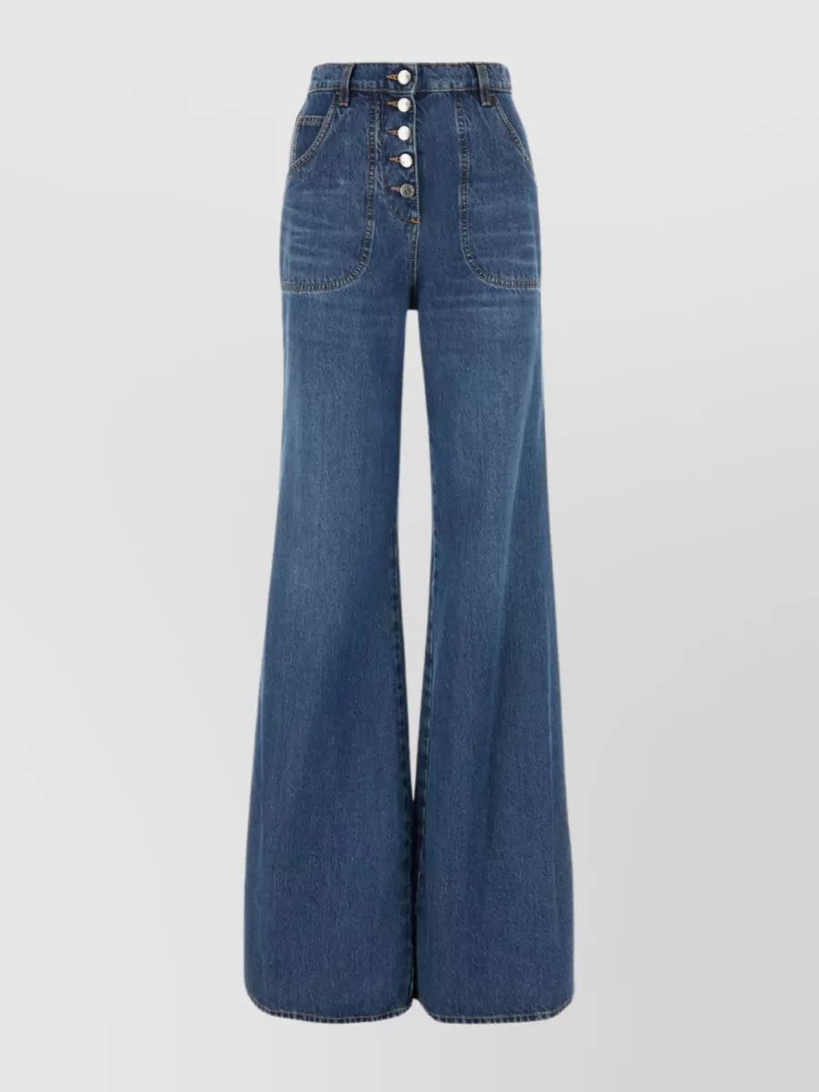 Shop Etro Flared Leg Cotton Denim Trousers With Embroidered Detail In Blue