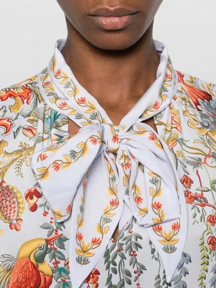 Etro Silk Floral Bird-Print Tie-Collar Blouse