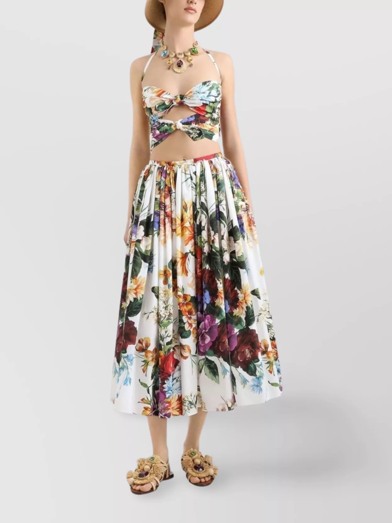 Dolce & Gabbana Floral Bouquet Knotted Popeline Crop Halter Top In Multi