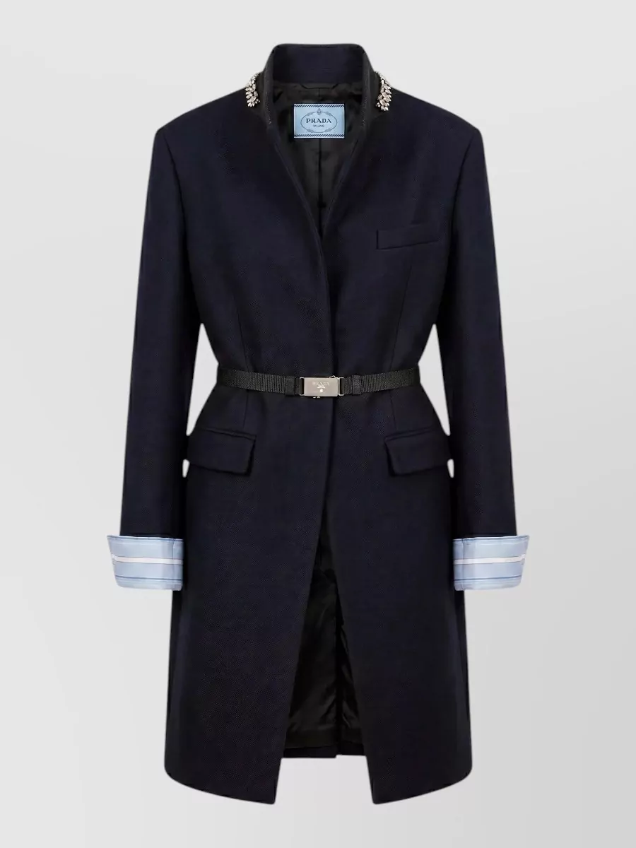 Prada virgin wool crystal embellished belted single breasted coat