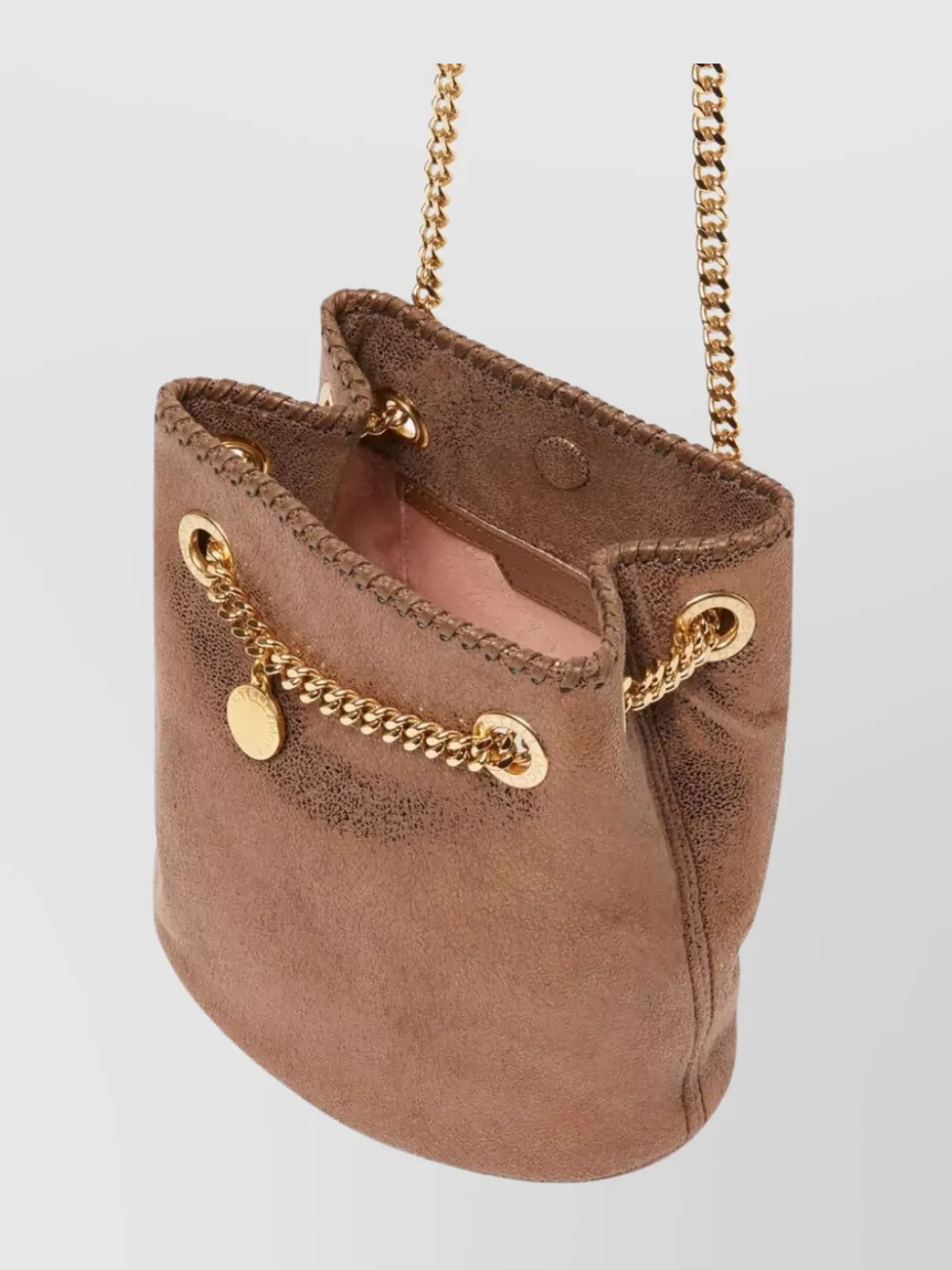 Stella Mccartney Dotted Chamois Bucket Bag With Gold Chain In Neutrals