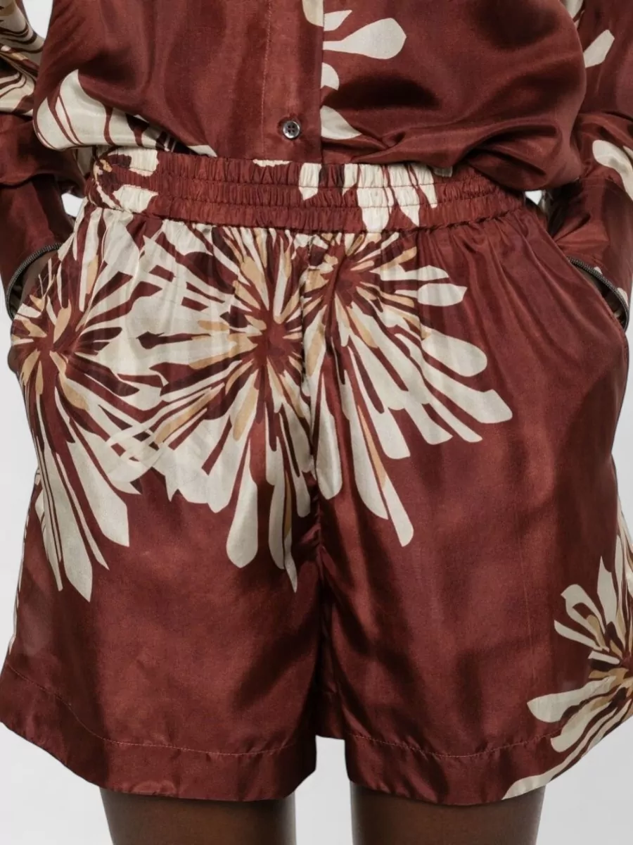 Brunello Cucinelli Silk Shorts Floral Motif Side Pockets