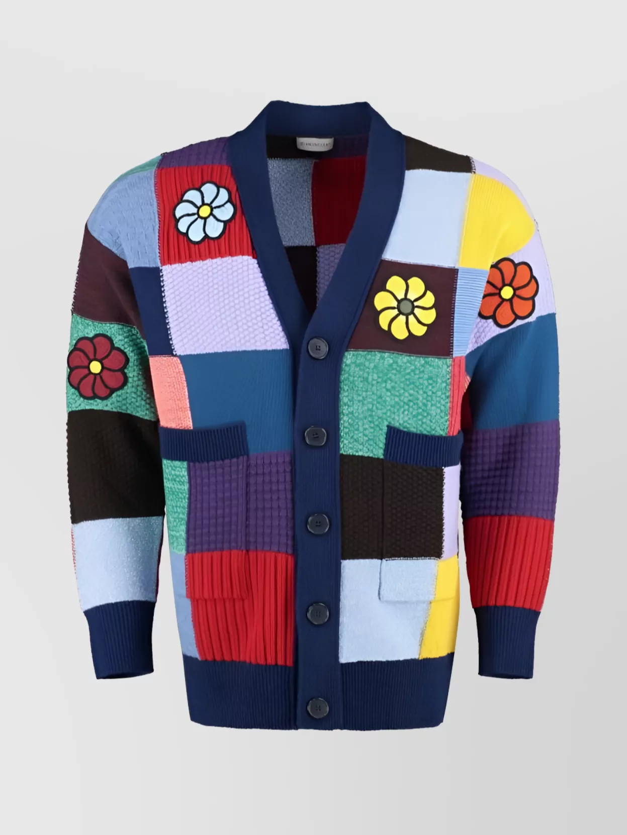 Shop Moncler Genius Floral Patchwork V-neck Sweater In Blue