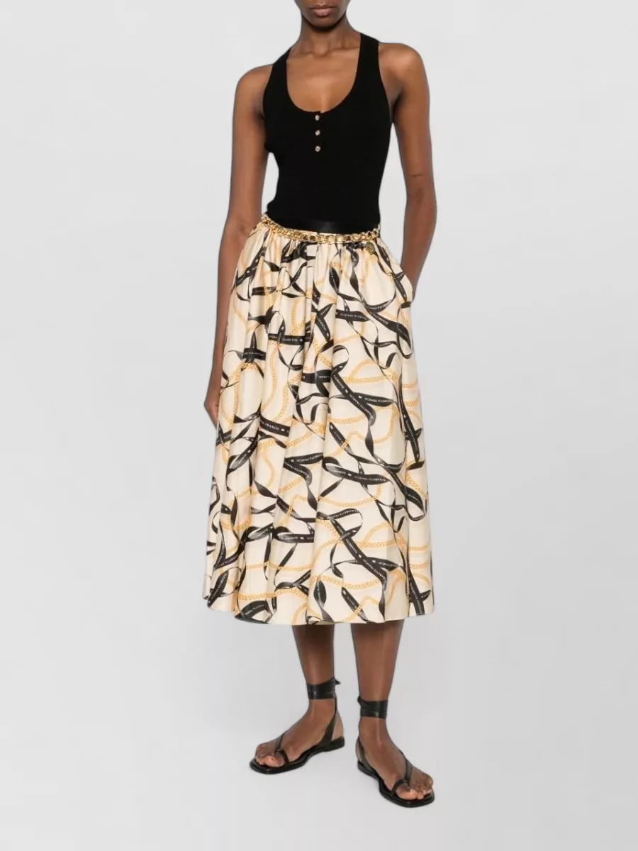 Elisabetta Franchi High Waist Printed Midi Skirt Chain Detail