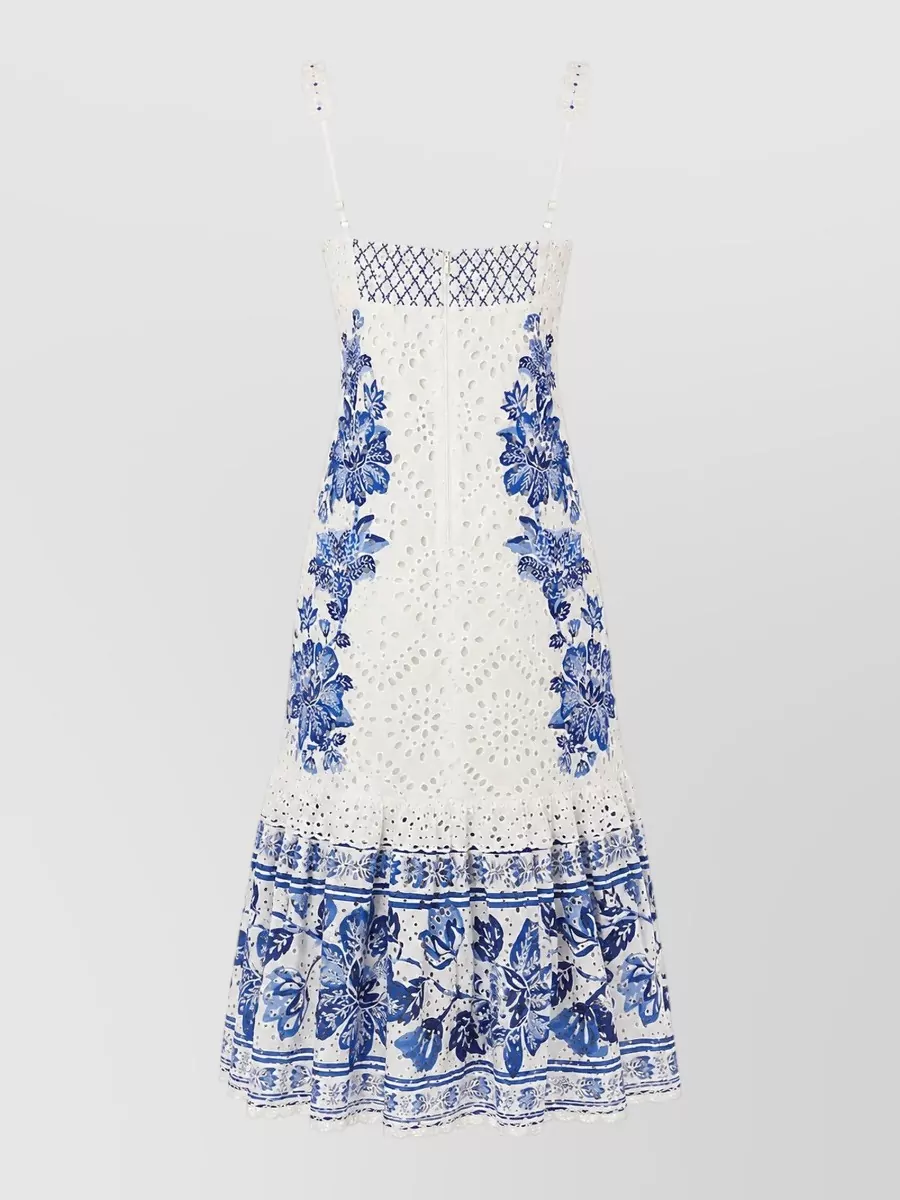 Farm Rio Cotton Broderie Anglaise Sleeveless Sweetheart Neck Tiered Midi Beach Dress