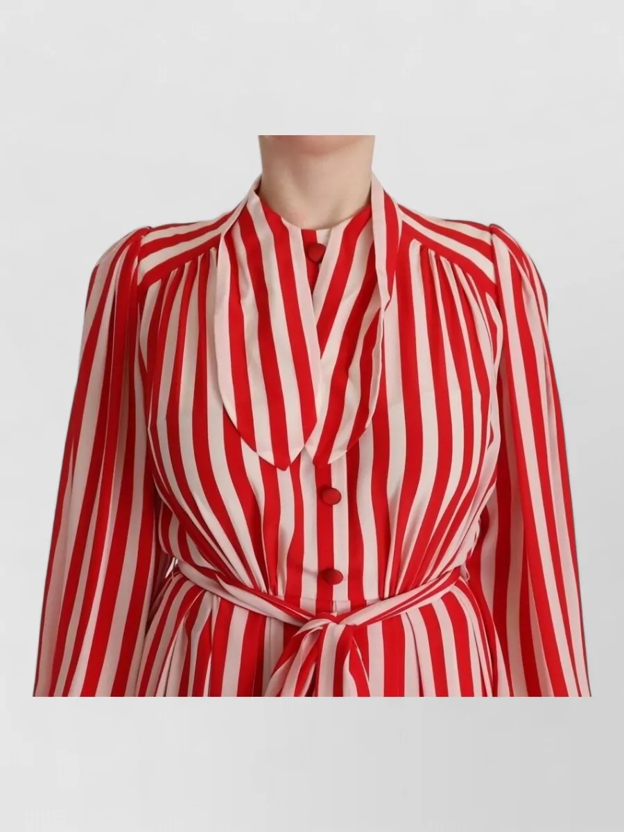Dolce&Gabbana Silk Striped Collared Long-Sleeve Tie-Waist Maxi Dress