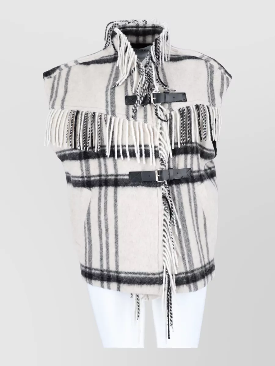Isabel Marant Etoile Wool checked fringed oversized sleeveless wrap vest