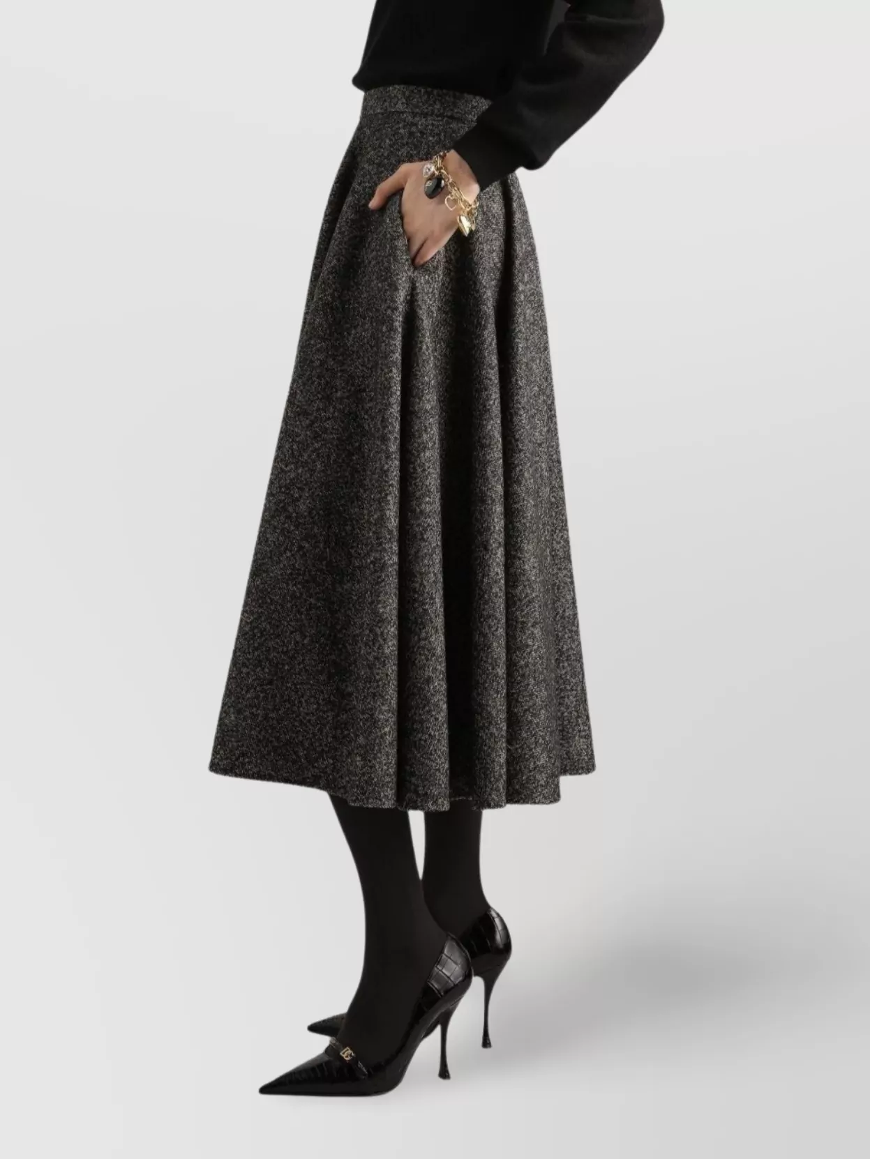 Dolce & Gabbana Midi Circle Skirt In A Dotted Wool Blend In Gray