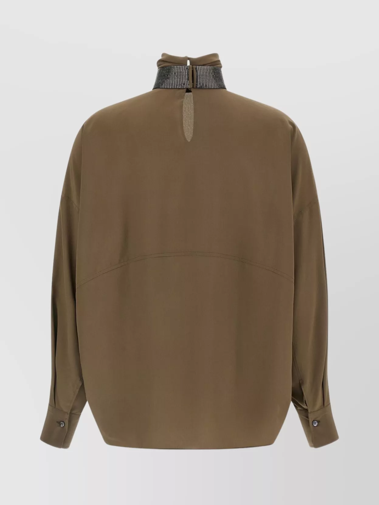 Brunello Cucinelli Silk Blouse With High Collar And Keyhole Back In Brown
