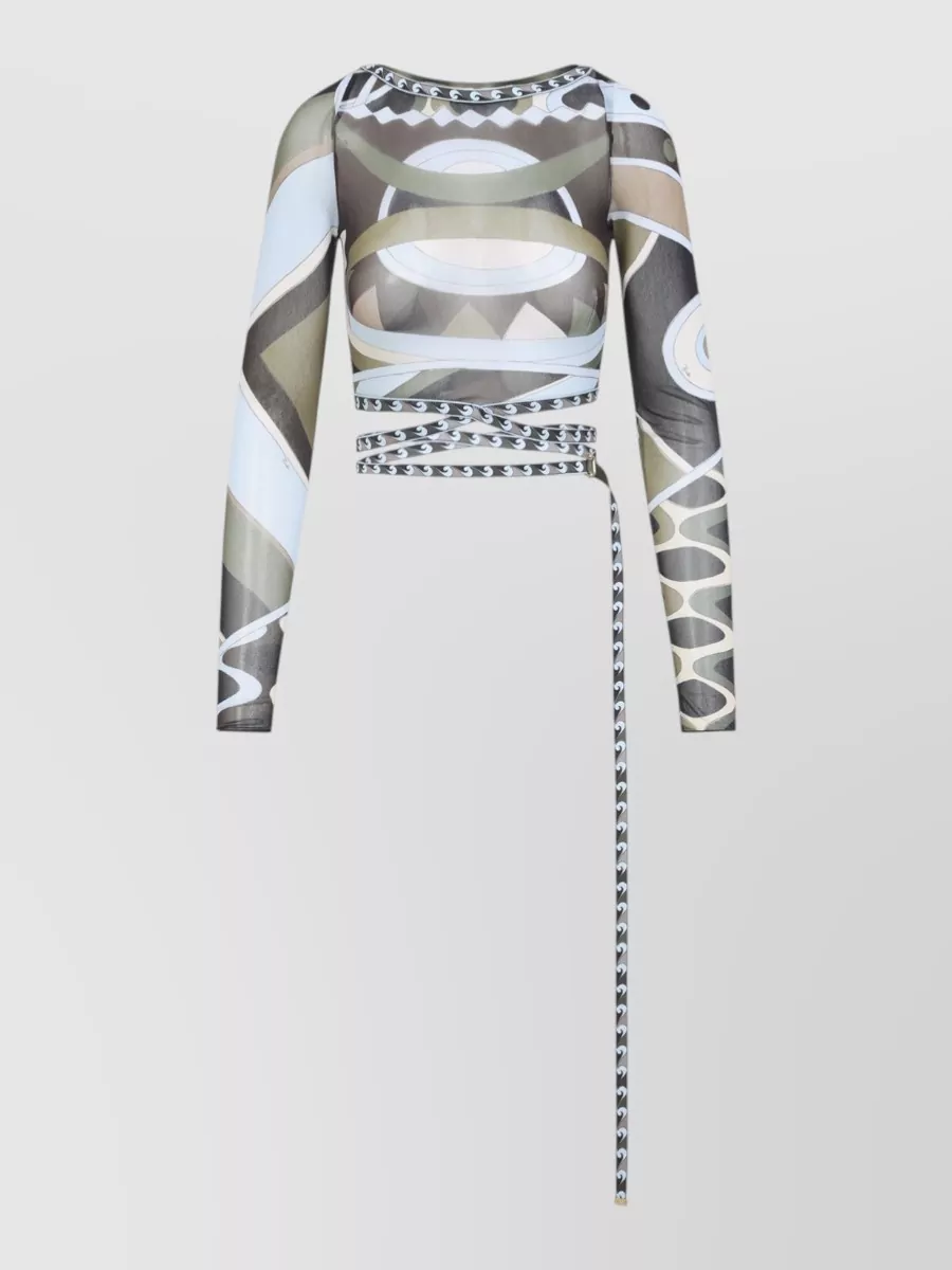 Pucci Printed Tulle Long Sleeve Crop Top