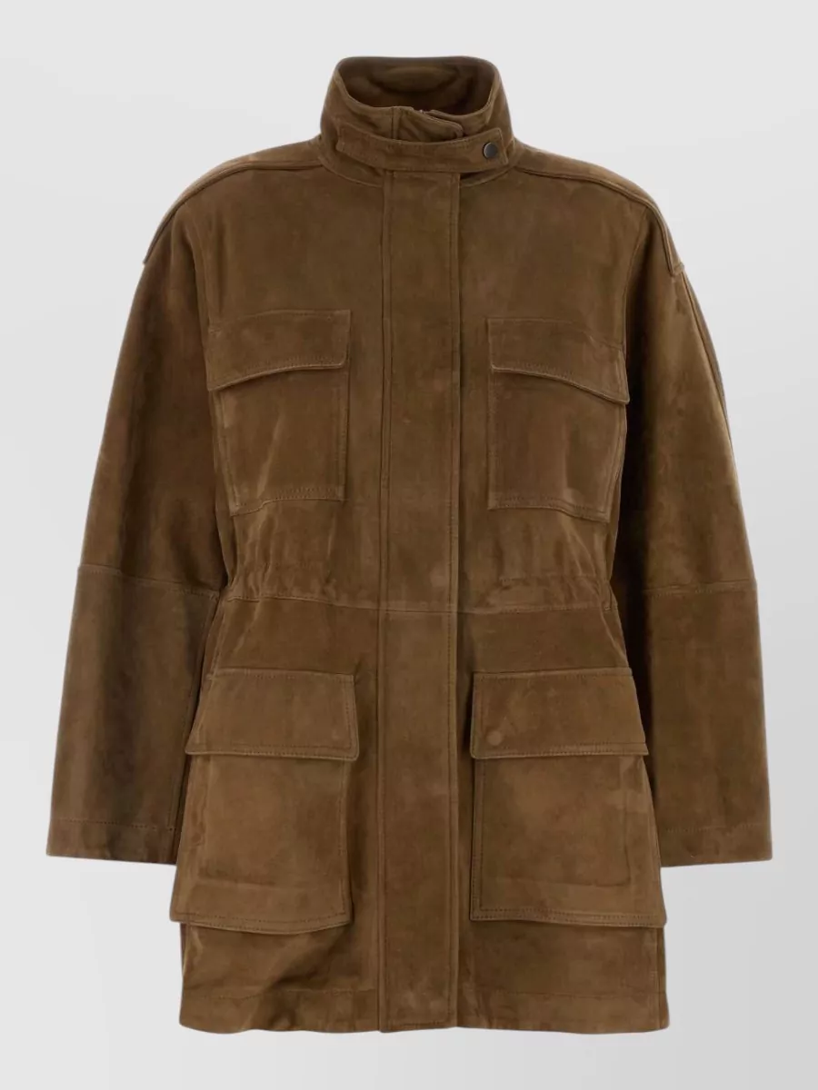 Brunello Cucinelli Suede Jacket High Collar Waist Cinch In Brown