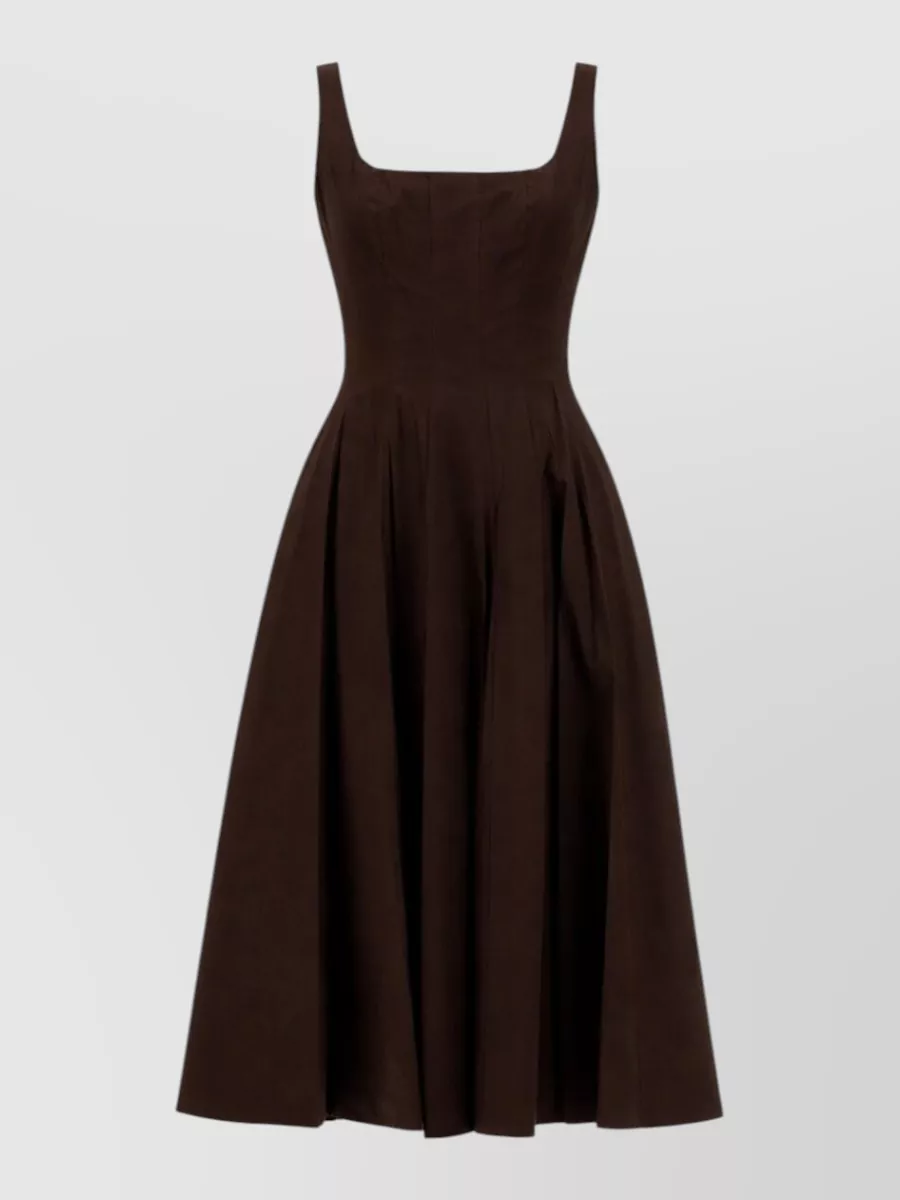 Staud Midi Dress Wells Square Neck Pleated In Brown