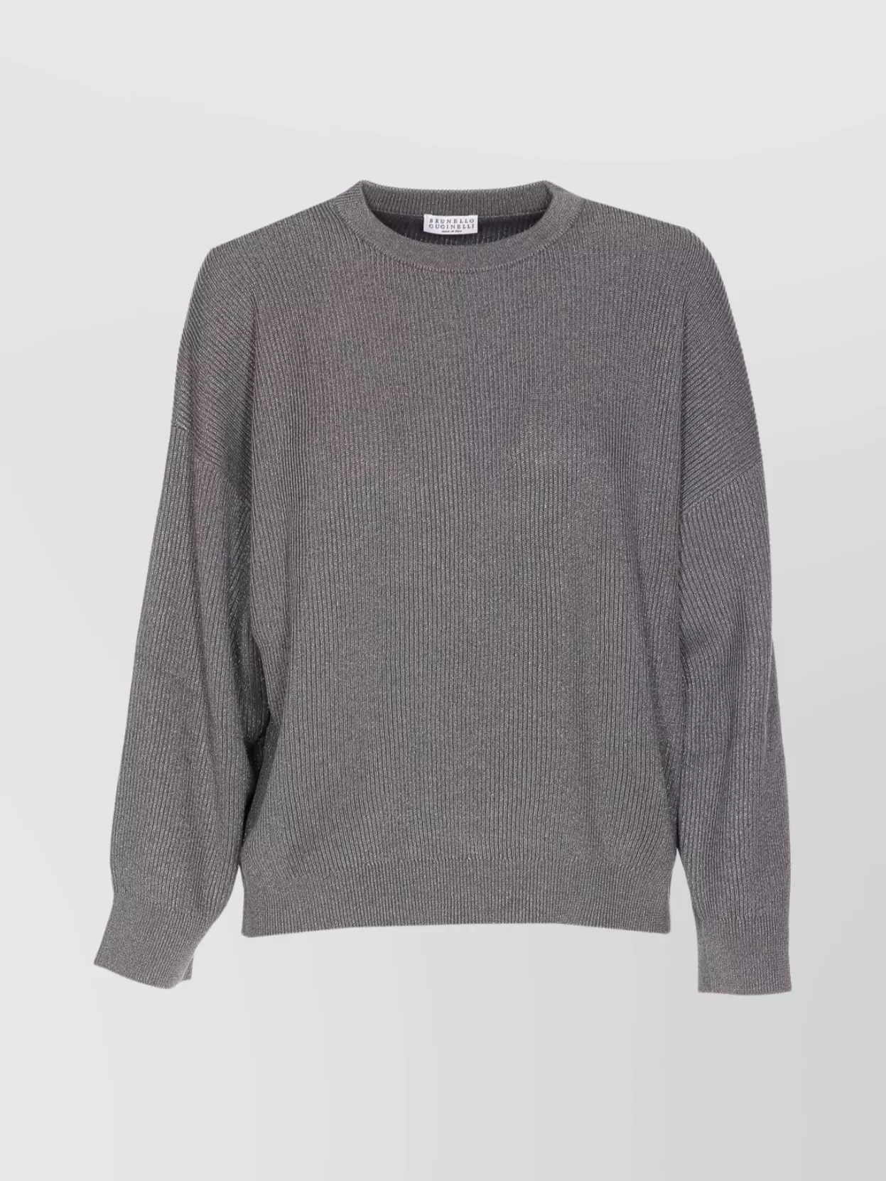 Brunello Cucinelli Metallic Ribbed Crewneck Knitwear With Long Sleeves In Gray