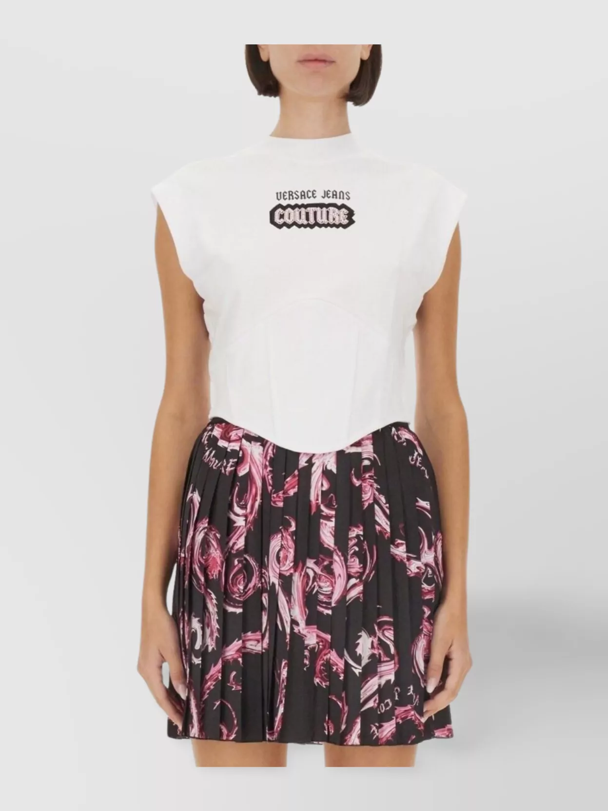Versace Jeans Couture Logo Print Cap Sleeve Top With Pleated Skirt