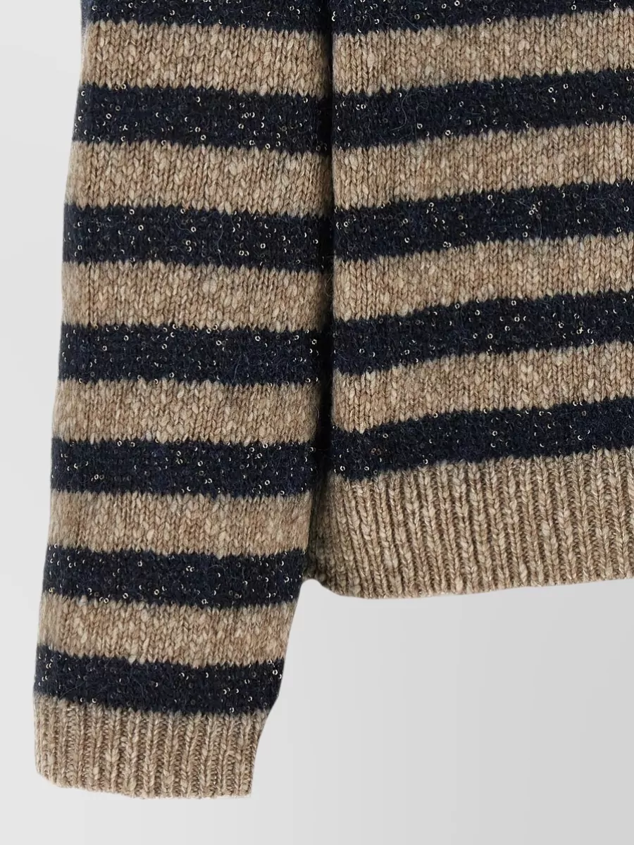 Brunello Cucinelli Cashmere Wool Striped Crew Neck Long Sleeve Sweater