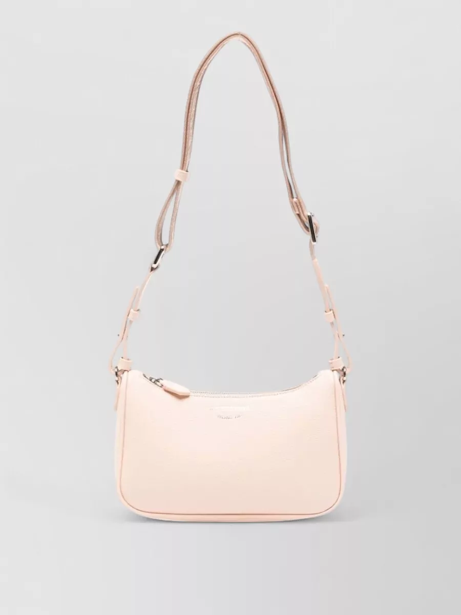 Emporio Armani Logo embroidered shoulder bag — The small taupe structured baguette adds a subtle contrast to the white and grey while staying within the neutral spectrum, and its neat scale suits the polished, minimalist mood.