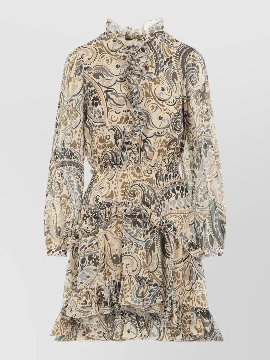 Etro Paisley Ruffled High-Neck Long-Sleeve Mini Dress