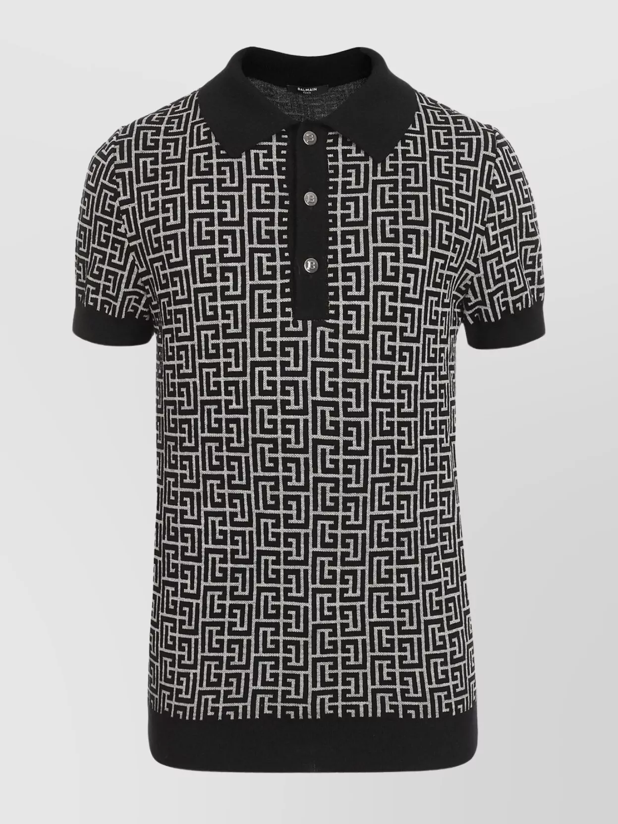 Shop Balmain Contrast Collar Geometric Knit Polo In Black