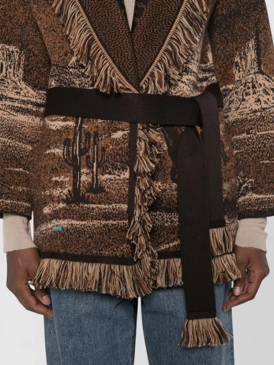Alanui Virgin Wool Jacquard Fringe Belted Oversized Coat