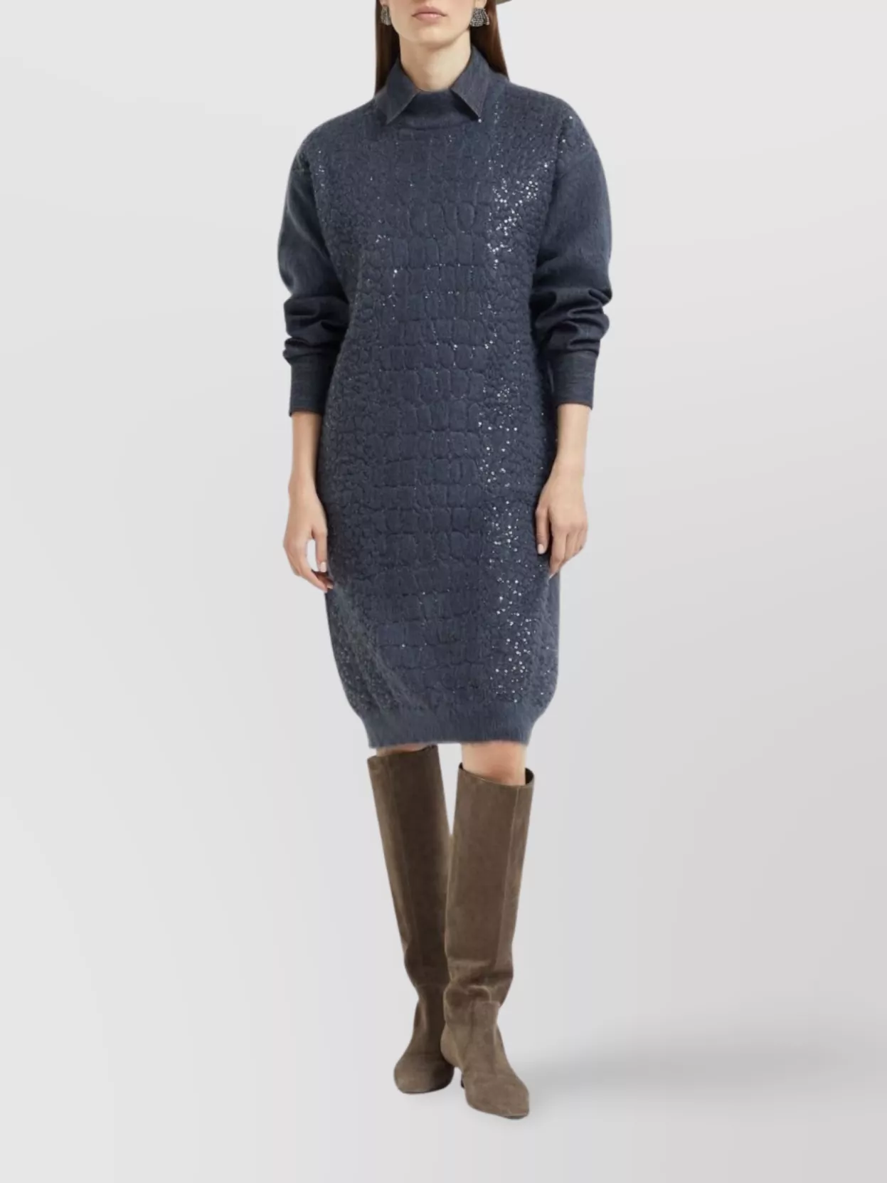 Brunello Cucinelli Textured Mohair Dress High Neck In Blue