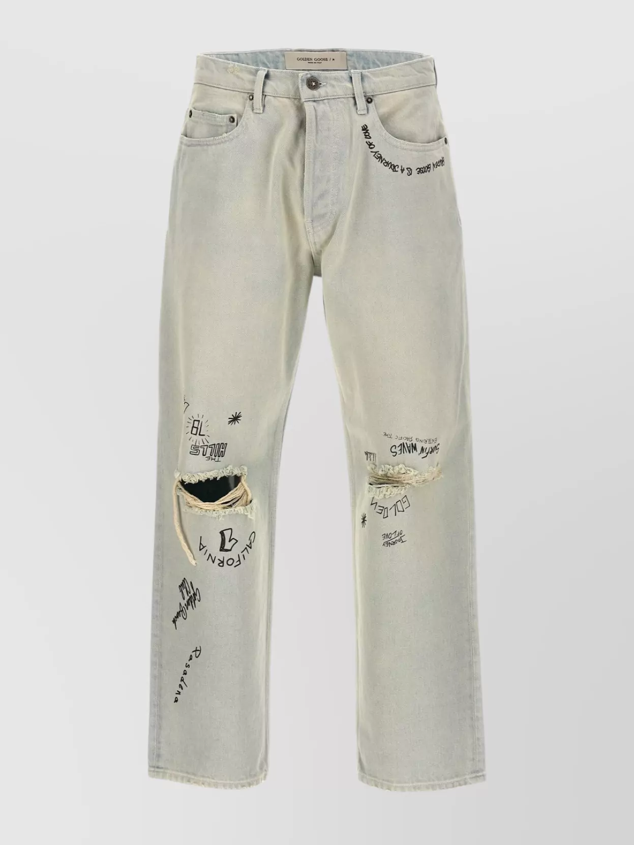 Golden Goose Straight Leg Distressed Jeans With Embroidered Text In Brown