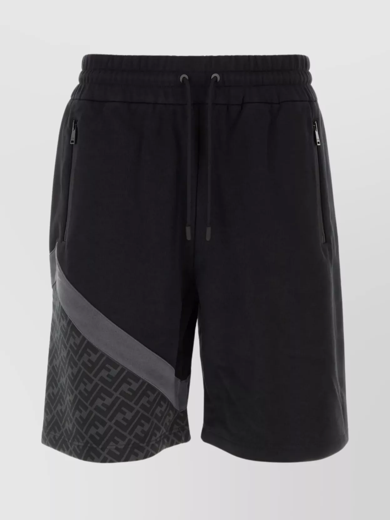 Shop Fendi Cotton Blend Geometric Pattern Shorts With Zip Pockets In Black
