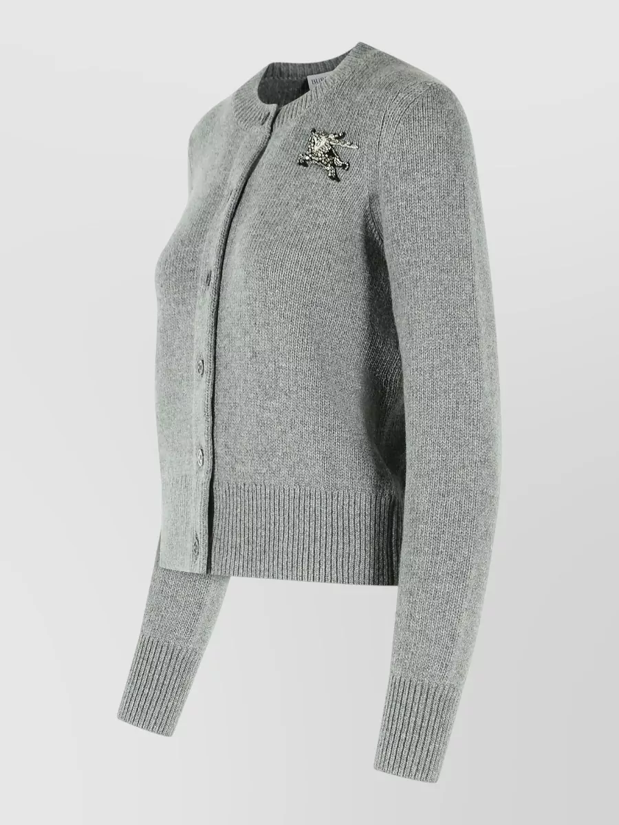 Burberry Cashmere Blend Ribbed Crystal Embellished Crew Neck Cardigan