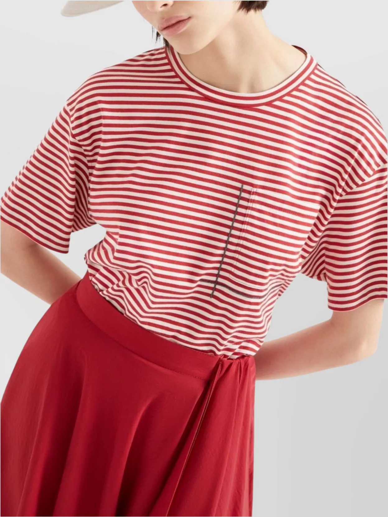 Brunello Cucinelli Red Crewneck T-shirt With All-over Striped Motif And Jewel Detail On The Front In