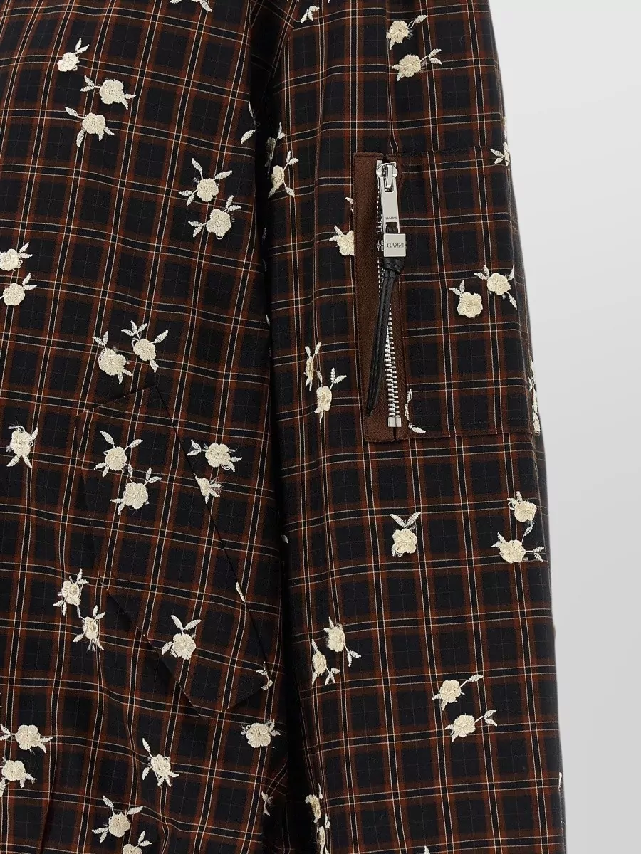 Ganni Floral-Embroidered Checked Bomber Jacket
