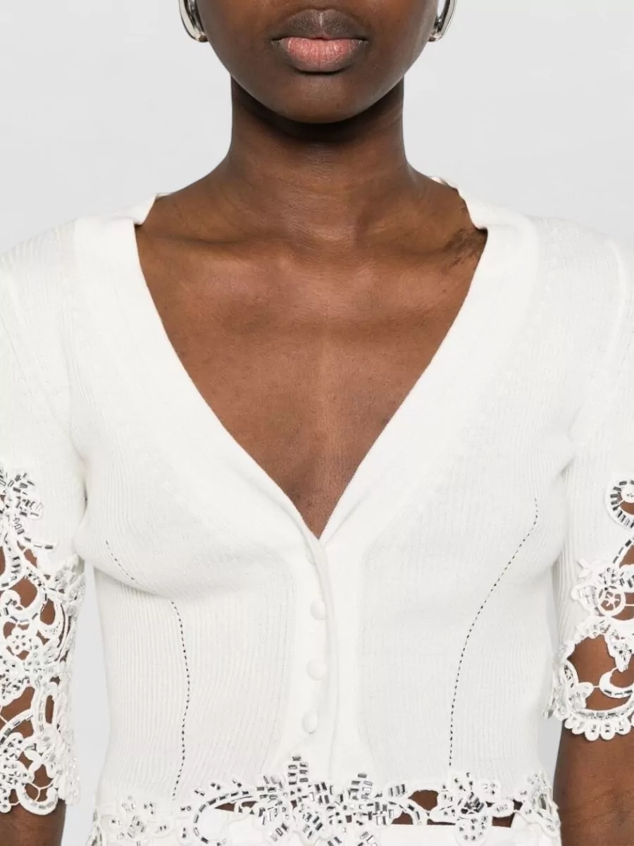 Ermanno Scervino Cotton Cardigan Cropped Lace Short Sleeves V Neckline